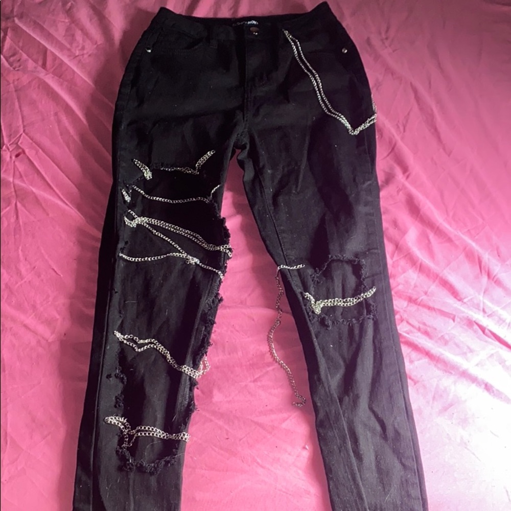 Black chain jeans distressed